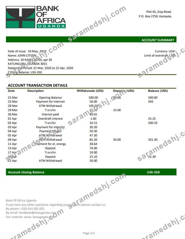 Uganda Bank of Africa proof of address bank statement template in Word and PDF format